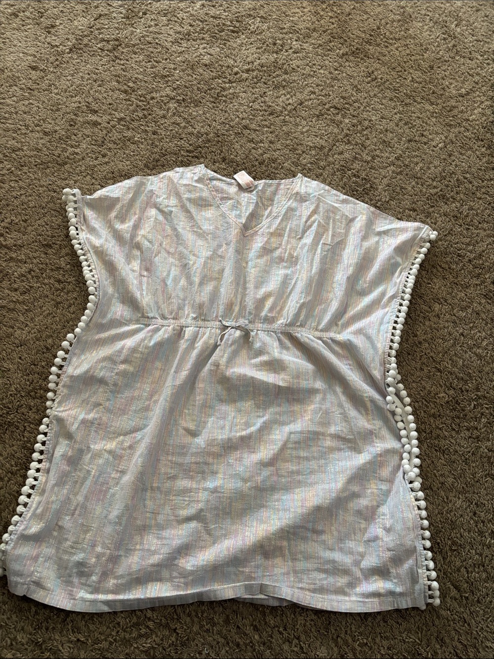 Girls' White Multi-Stripe Beach coverup with Pom Trim size: 14/16